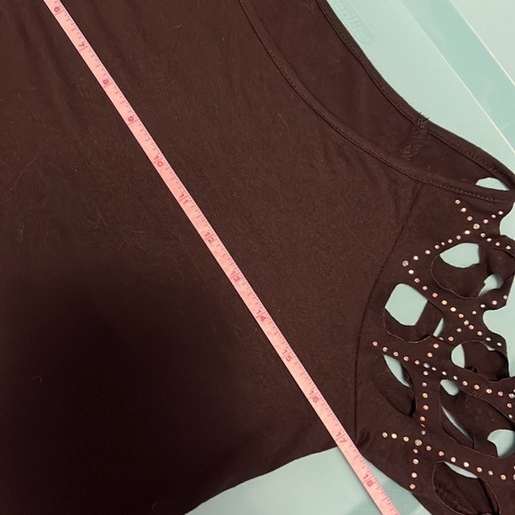 Black 3/4 length sleeve shirt with cut outs at the shoulders with crystals - Picture 8 of 10